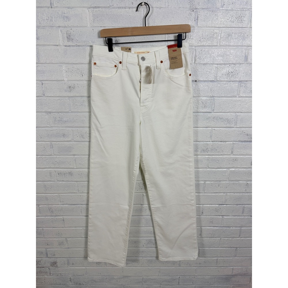 Levis Ribcage Straight Jeans Womens 30 White Super High Rise Button Fly Denim